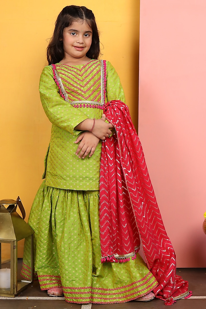 Lime Green Semi Brocade Gharara Set For Girls by PNK Isha Arora (Pink)