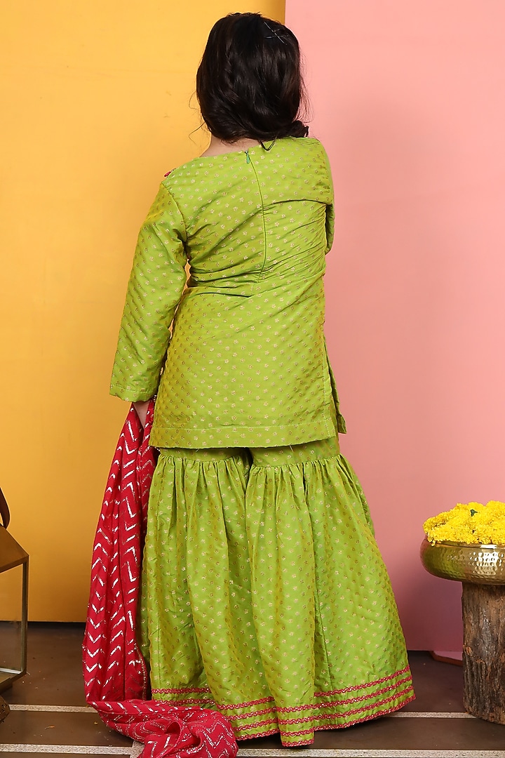 Lime Green Semi Brocade Gharara Set For Girls by PNK Isha Arora (Pink) at Pernia's Pop Up Shop