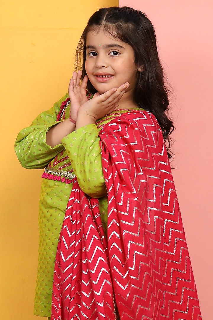 Lime Green Semi Brocade Gharara Set For Girls by PNK Isha Arora (Pink) at Pernia's Pop Up Shop