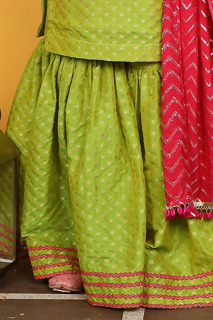 Lime Green Semi Brocade Gharara Set For Girls by PNK Isha Arora (Pink) at Pernia's Pop Up Shop