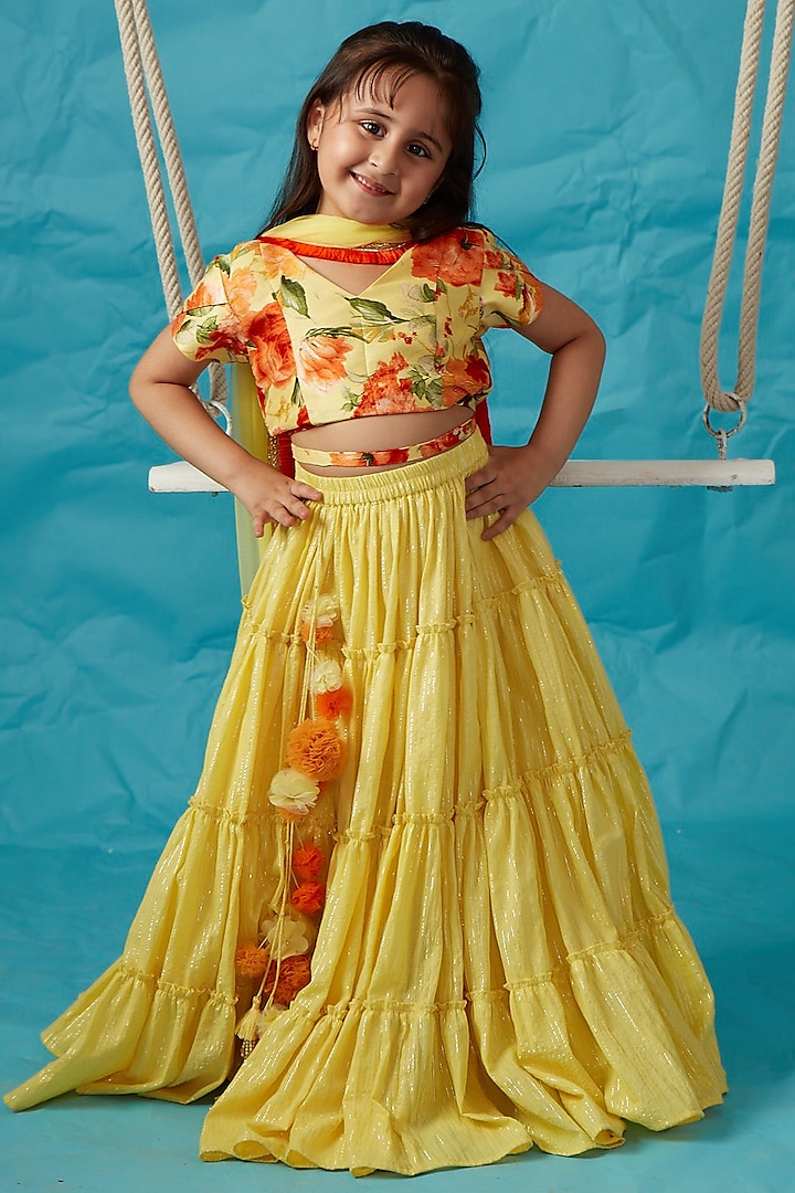 Yellow Chanderi Silk Lehenga Set For Girls by PNK Isha Arora (Pink)