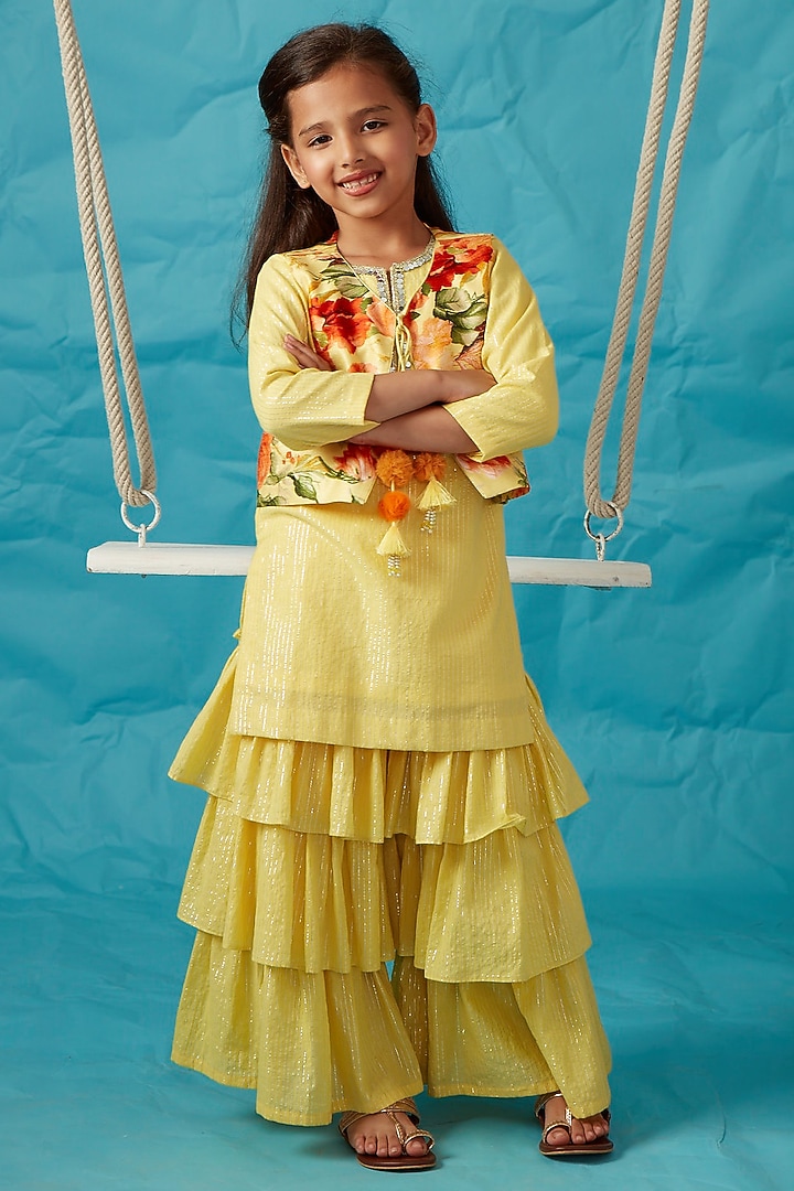 Yellow Chanderi Silk Sharara Set For Girls by PNK Isha Arora (Pink) at Pernia's Pop Up Shop