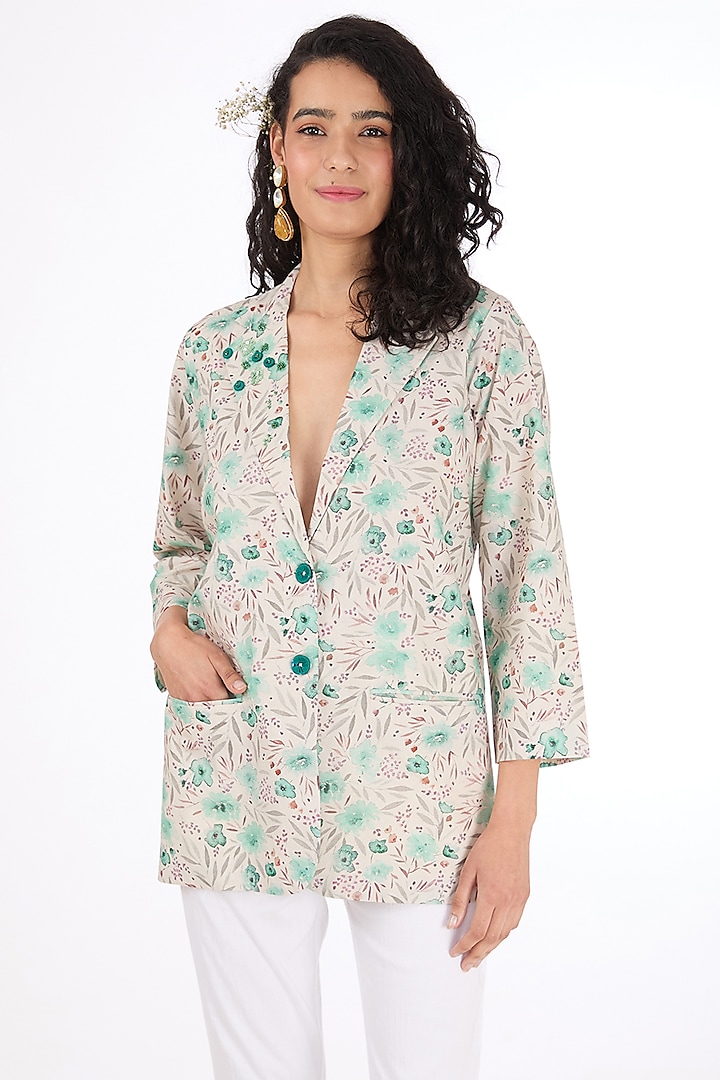 Off-White & Green Cotton Linen Floral Printed Jacket by Label Pankhuri by Priyanka