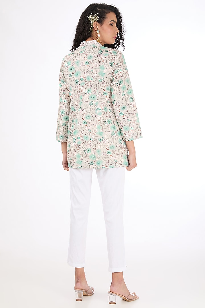 Off-White & Green Cotton Linen Floral Printed Jacket by Label Pankhuri by Priyanka at Pernia's Pop Up Shop