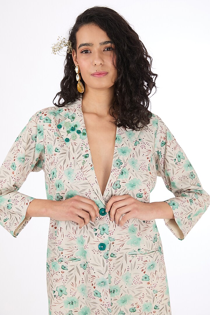Off-White & Green Cotton Linen Floral Printed Jacket by Label Pankhuri by Priyanka at Pernia's Pop Up Shop