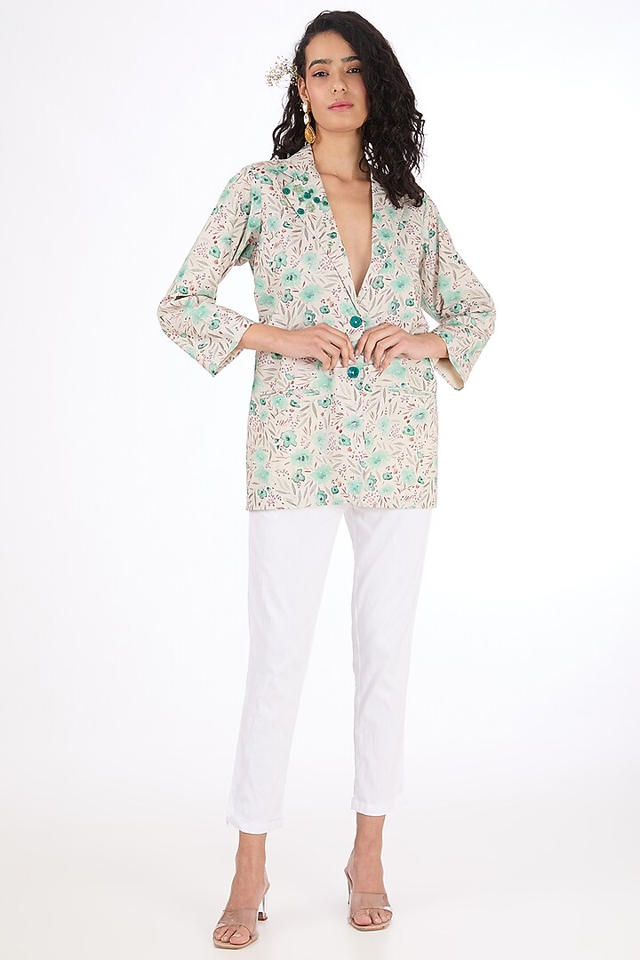 Off-White & Green Cotton Linen Floral Printed Jacket by Label Pankhuri by Priyanka at Pernia's Pop Up Shop