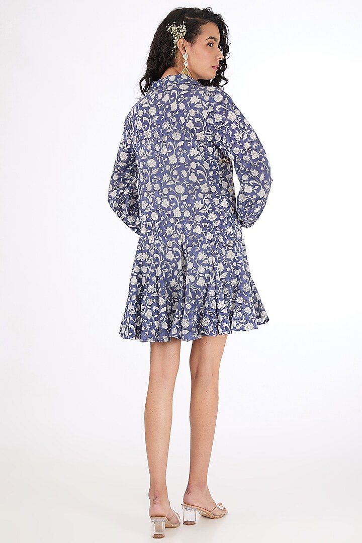 Blue Pure Cotton Floral Printed Mini Summer Dress by Label Pankhuri by Priyanka at Pernia's Pop Up Shop