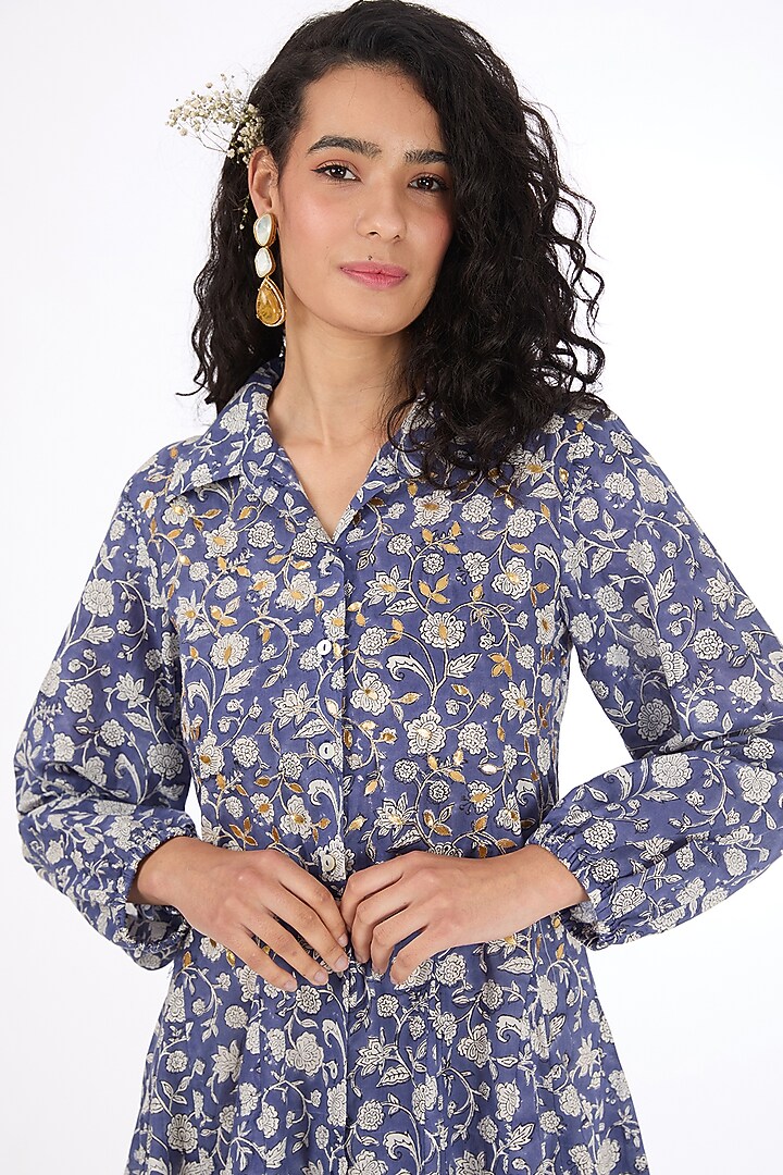 Blue Pure Cotton Floral Printed Mini Summer Dress by Label Pankhuri by Priyanka at Pernia's Pop Up Shop
