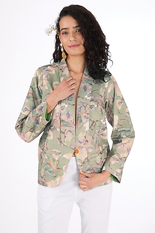 Olive Green Cotton Linen Digital Printed Blazer by Label Pankhuri by Priyanka