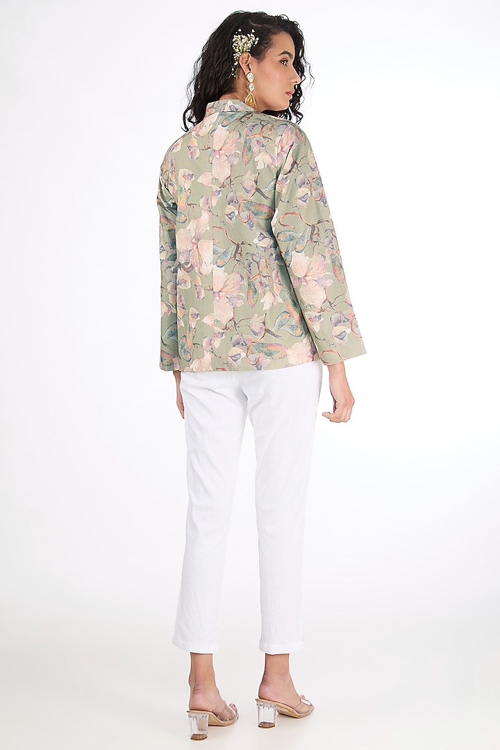 Olive Green Cotton Linen Digital Printed Blazer by Label Pankhuri by Priyanka at Pernia's Pop Up Shop