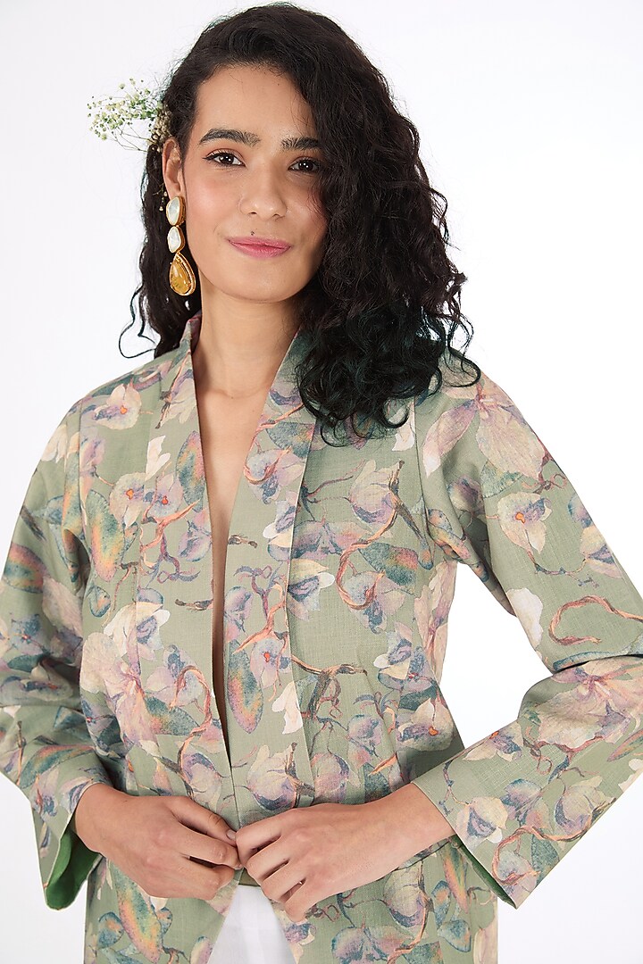 Olive Green Cotton Linen Digital Printed Blazer by Label Pankhuri by Priyanka at Pernia's Pop Up Shop