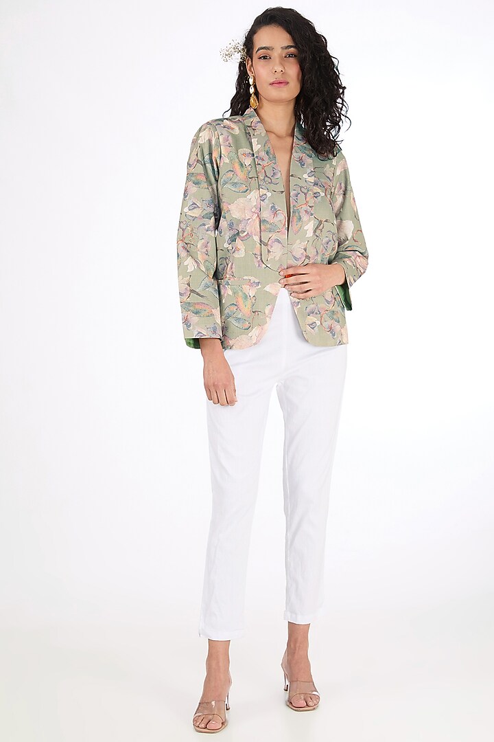 Olive Green Cotton Linen Digital Printed Blazer by Label Pankhuri by Priyanka at Pernia's Pop Up Shop