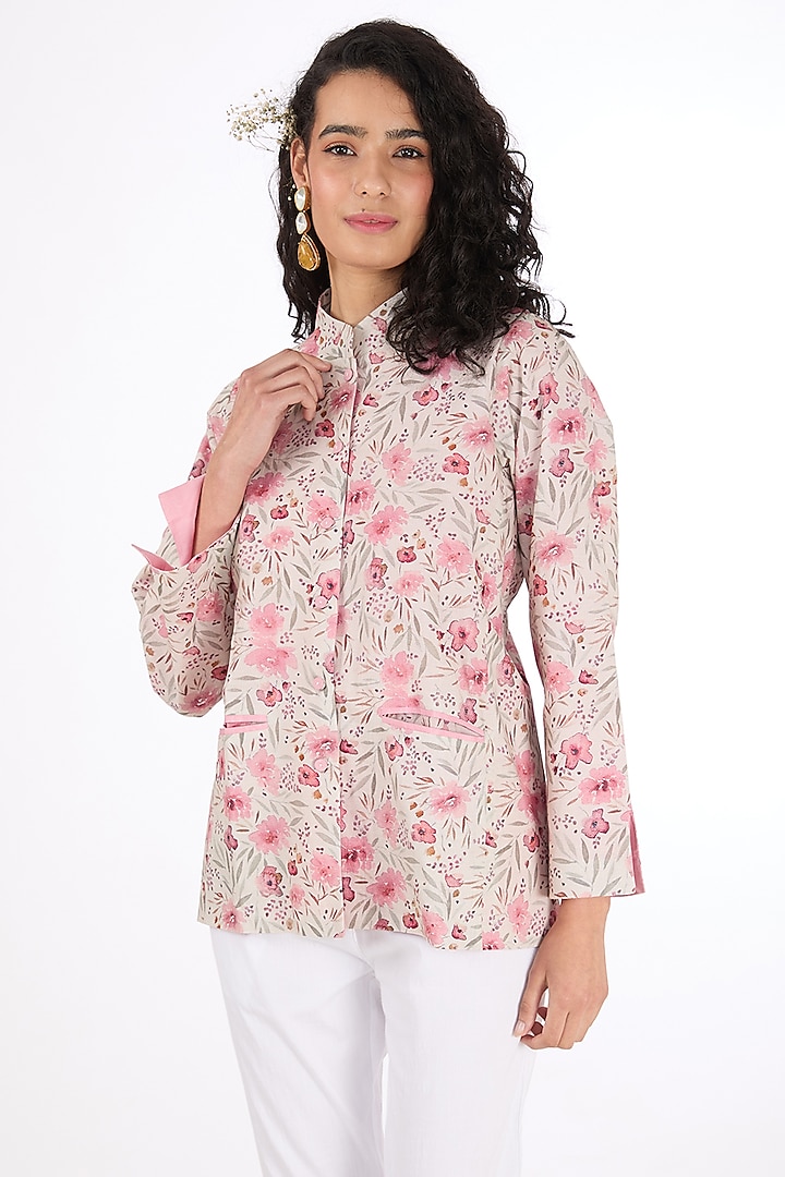 Red Cotton Linen Floral Printed Jacket by Label Pankhuri by Priyanka