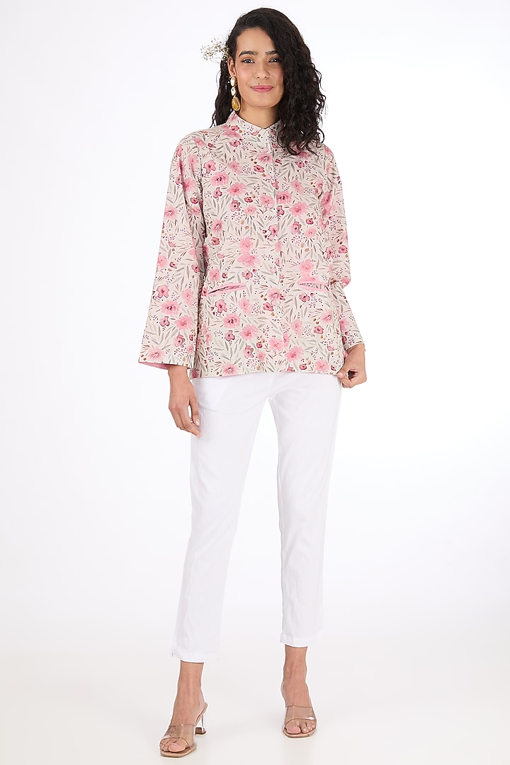 Red Cotton Linen Floral Printed Jacket by Label Pankhuri by Priyanka at Pernia's Pop Up Shop