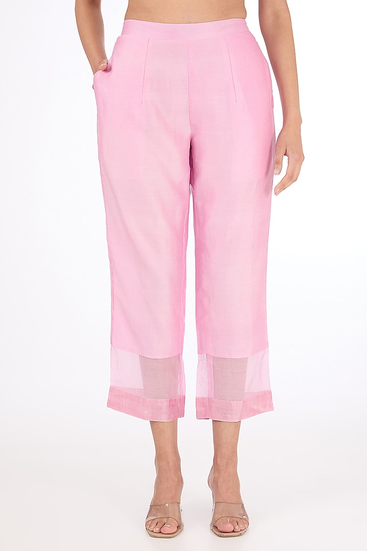 Pink Chanderi Hand Embroidered Kurta Set by Label Pankhuri by Priyanka at Pernia's Pop Up Shop