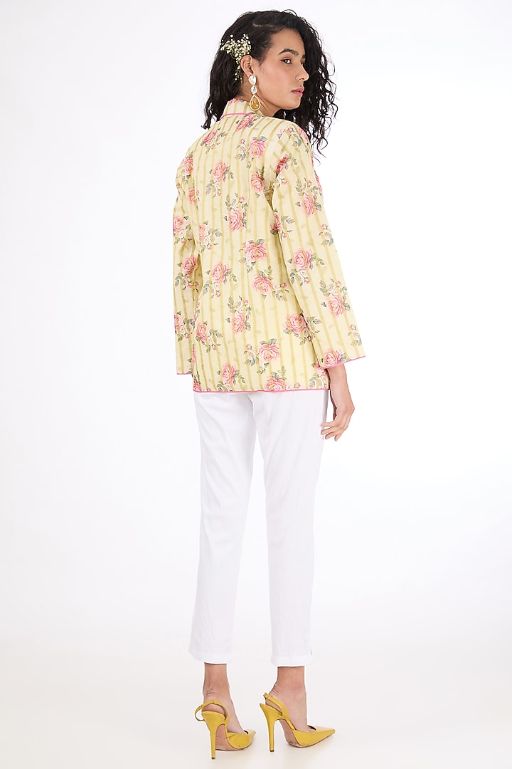 Yellow Cotton Linen Floral Printed Blazer by Label Pankhuri by Priyanka at Pernia's Pop Up Shop