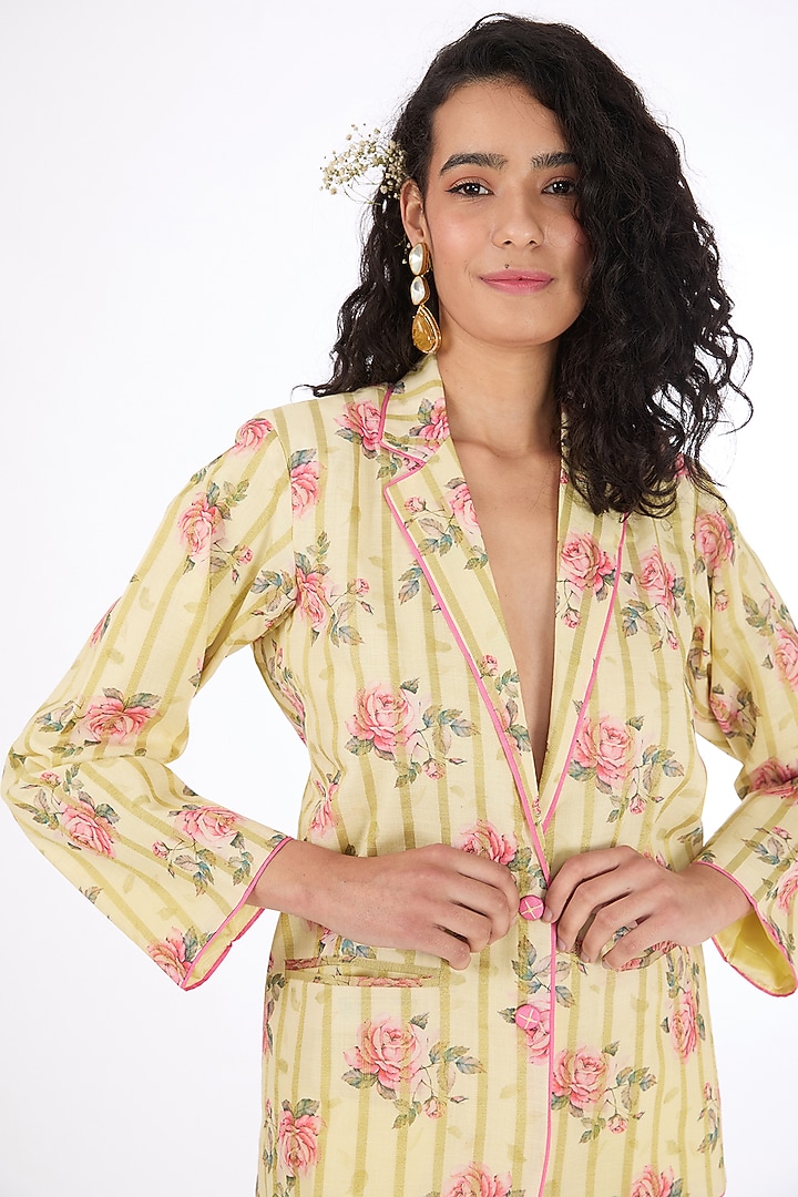 Yellow Cotton Linen Floral Printed Blazer by Label Pankhuri by Priyanka at Pernia's Pop Up Shop