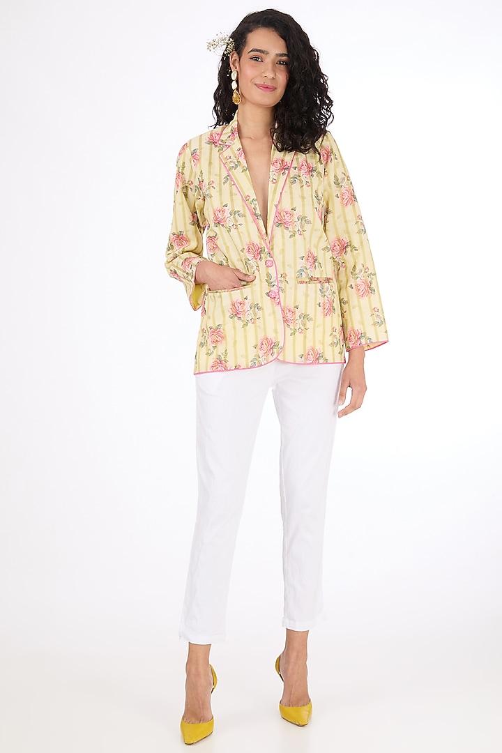 Yellow Cotton Linen Floral Printed Blazer by Label Pankhuri by Priyanka at Pernia's Pop Up Shop