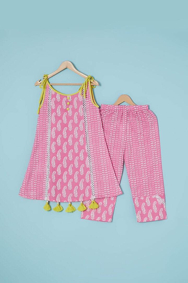 Pink Cotton Printed A-Line Kurta Set For Girls by Pankhuri by Priyanka - Kids