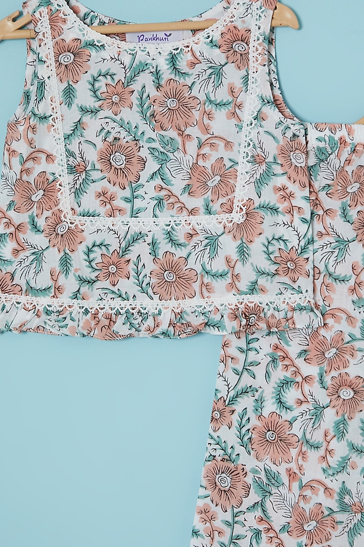 White Cotton Block Printed Palazzo Pant Set For Girls by Pankhuri by Priyanka - Kids at Pernia's Pop Up Shop