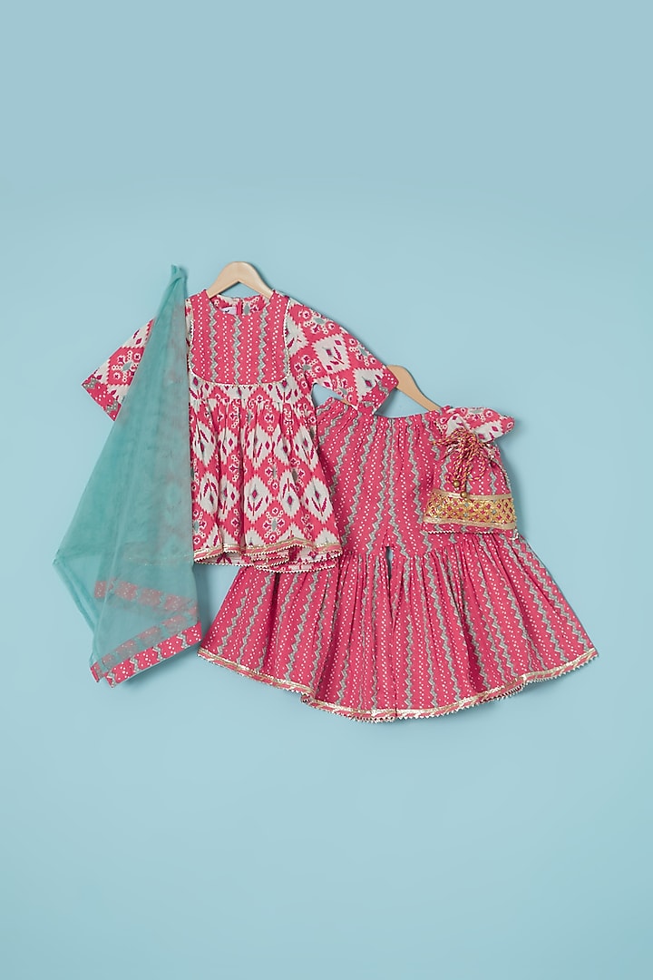 Red Cambric Cotton Printed Gharara Set For Girls by Pankhuri by Priyanka - Kids