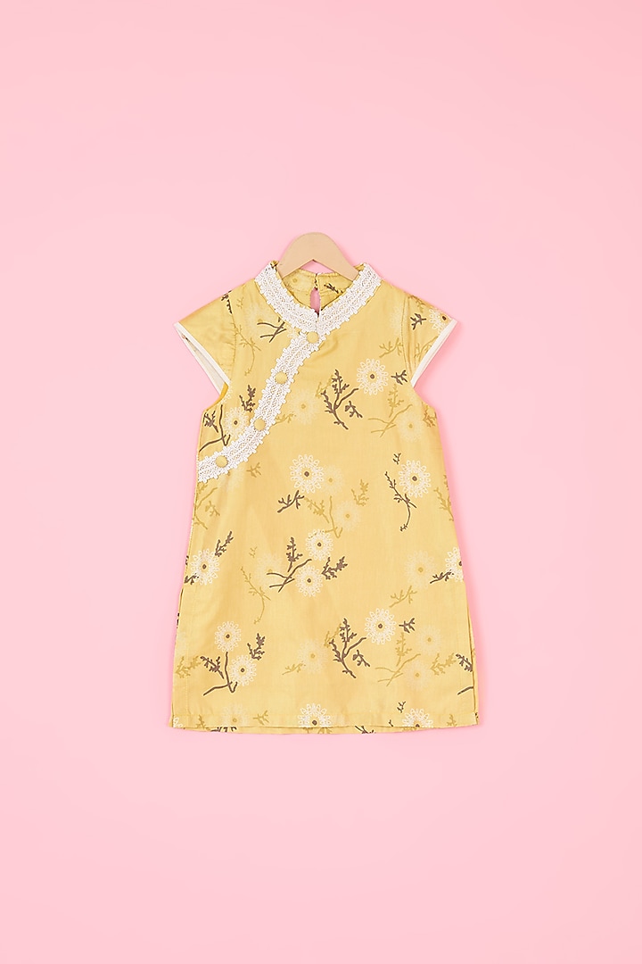Yellow Glaze Cotton Floral Printed A-Line Dress For Girls by Pankhuri by Priyanka - Kids