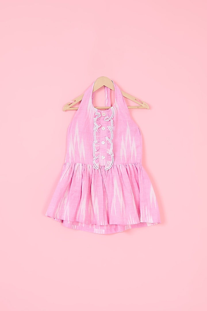 Blush Pink Mulmul Ikat Printed Halter Dress For Girls by Pankhuri by Priyanka - Kids