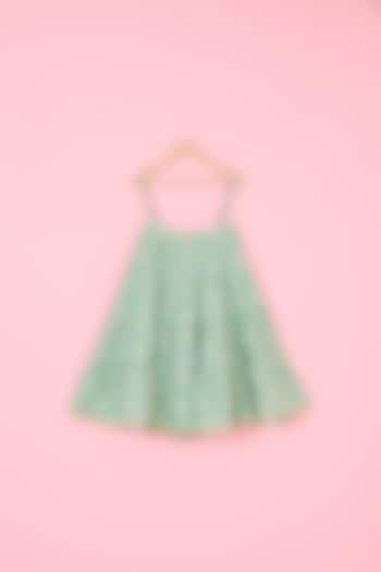 Green Mulmul Hand Block Polka Dot Printed Flared Dress For Girls by Pankhuri by Priyanka - Kids