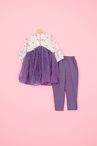 Purple & Off-White Pure Chanderi Hand Block Polka Dot Printed Gathered Kurta Set For Girls by Pankhuri by Priyanka - Kids
