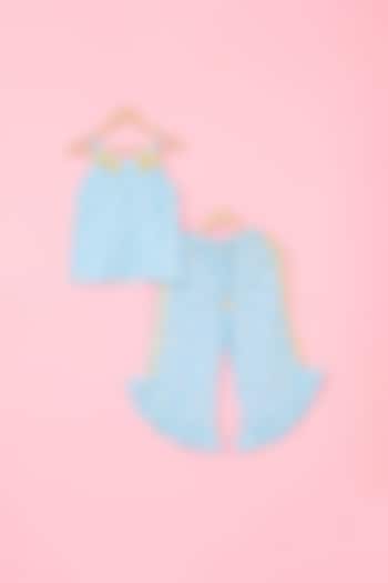 Powder Blue Mul Chanderi Hand Block Polka Dot Printed Co-Ord For Girls by Pankhuri by Priyanka - Kids