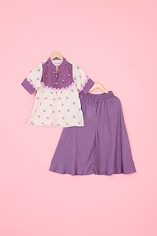 Purple Pure Chanderi Flared Palazzo Pant Set For Girls by Pankhuri by Priyanka - Kids