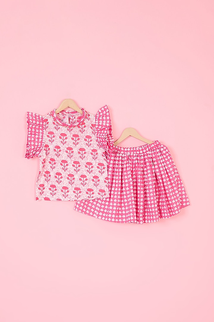 Pink Cotton Hand Block Printed Skirt Set For Girls by Pankhuri by Priyanka - Kids