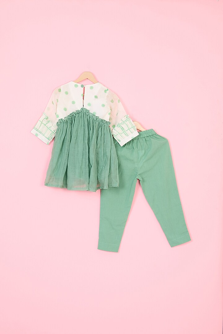 Green & Off-White Pure Chanderi Hand Block Polka Dot Printed Gathered Kurta Set For Girls by Pankhuri by Priyanka - Kids at Pernia's Pop Up Shop
