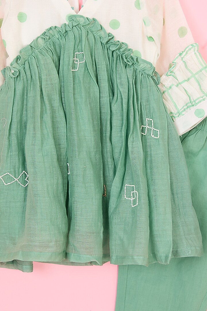 Green & Off-White Pure Chanderi Hand Block Polka Dot Printed Gathered Kurta Set For Girls by Pankhuri by Priyanka - Kids at Pernia's Pop Up Shop