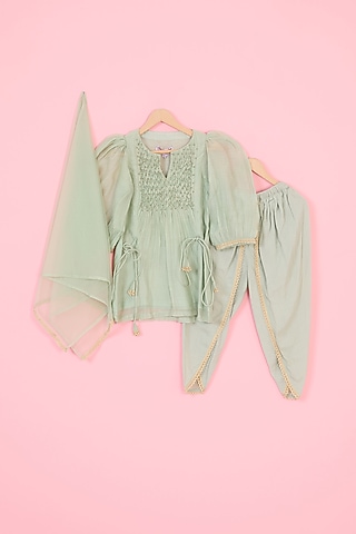 Pastel Green Pure Chanderi Kurta Set For Girls by Pankhuri by Priyanka - Kids