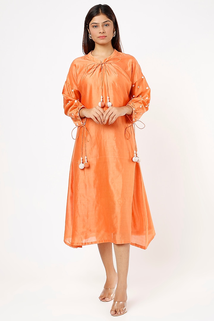 Orange Chanderi Silk Midi Dress by Label Pankhuri by Priyanka