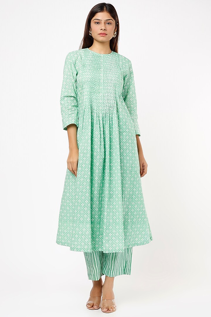 Mint Green Hand Block Printed Kurta Set by Label Pankhuri by Priyanka at Pernia's Pop Up Shop