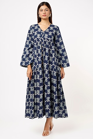 Dark Blue Hand Block Printed Midi Dress by Label Pankhuri by Priyanka