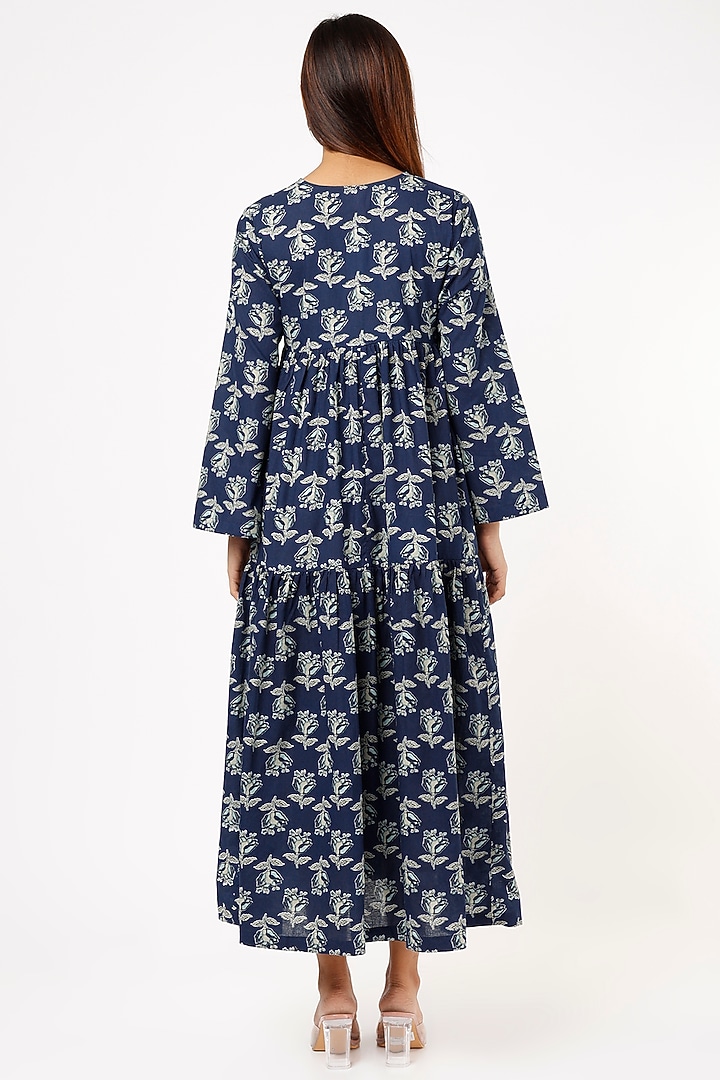 Dark Blue Hand Block Printed Midi Summer Dress by Label Pankhuri by Priyanka at Pernia's Pop Up Shop