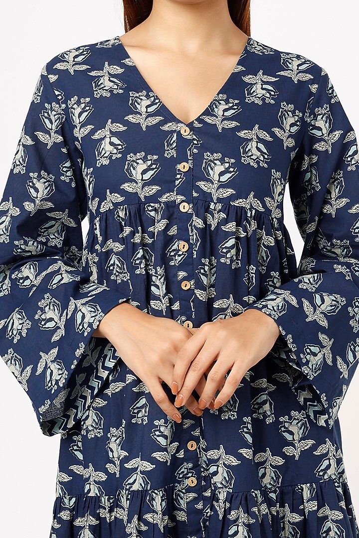 Dark Blue Hand Block Printed Midi Summer Dress by Label Pankhuri by Priyanka at Pernia's Pop Up Shop