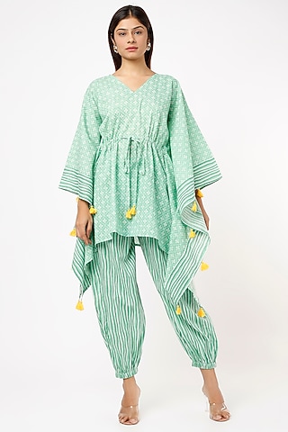 Mint Green Cotton Cambric Hand Block Printed Kaftan Set by Label Pankhuri by Priyanka