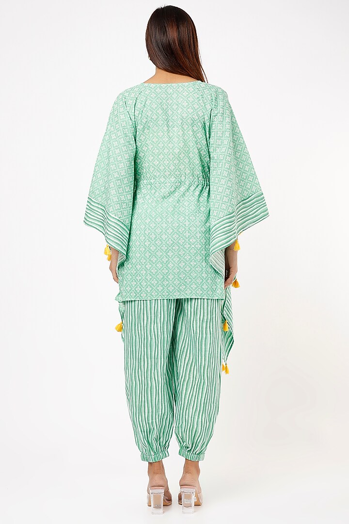 Mint Green Cotton Cambric Hand Block Printed Kaftan Set by Label Pankhuri by Priyanka at Pernia's Pop Up Shop