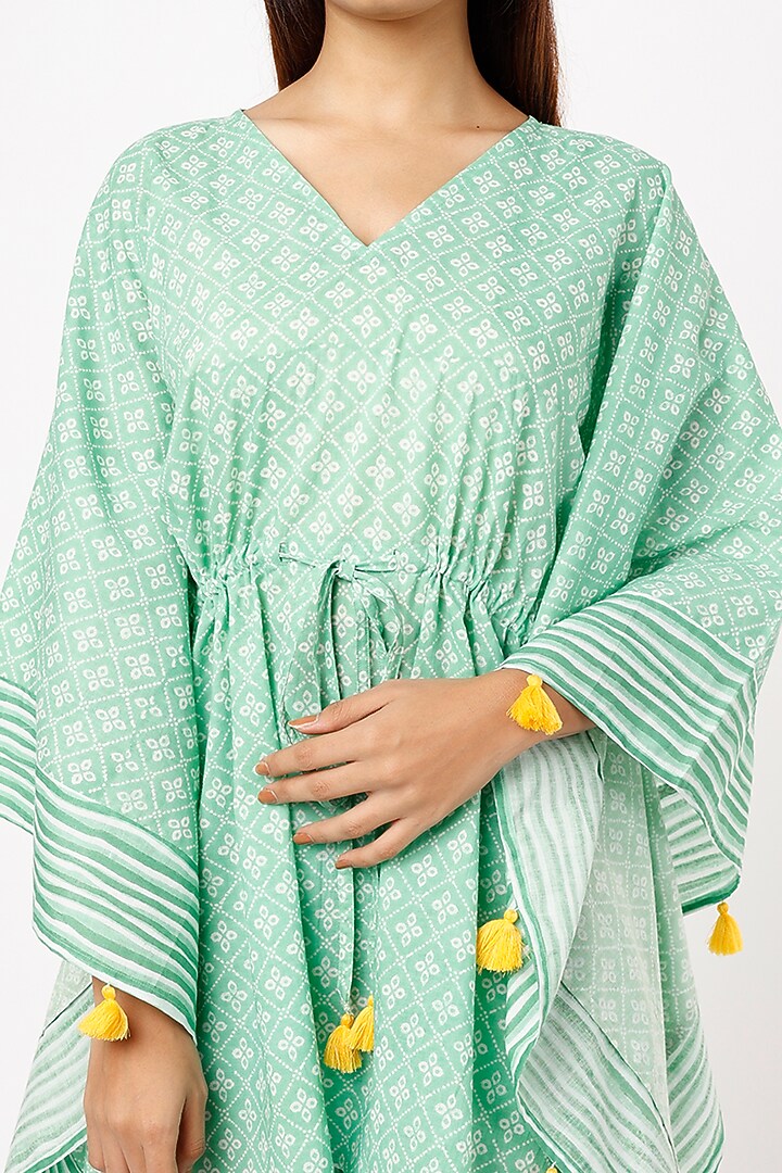 Mint Green Cotton Cambric Hand Block Printed Kaftan Set by Label Pankhuri by Priyanka at Pernia's Pop Up Shop