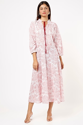 Blush Pink Block Printed Midi Dress by Label Pankhuri by Priyanka