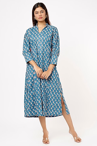 Blue Block Printed Midi Dress by Label Pankhuri by Priyanka