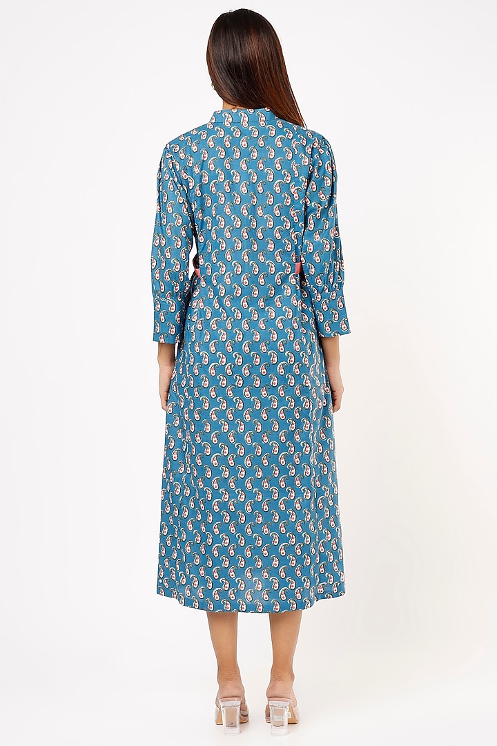 Blue Block Printed Midi Summer Dress by Label Pankhuri by Priyanka at Pernia's Pop Up Shop