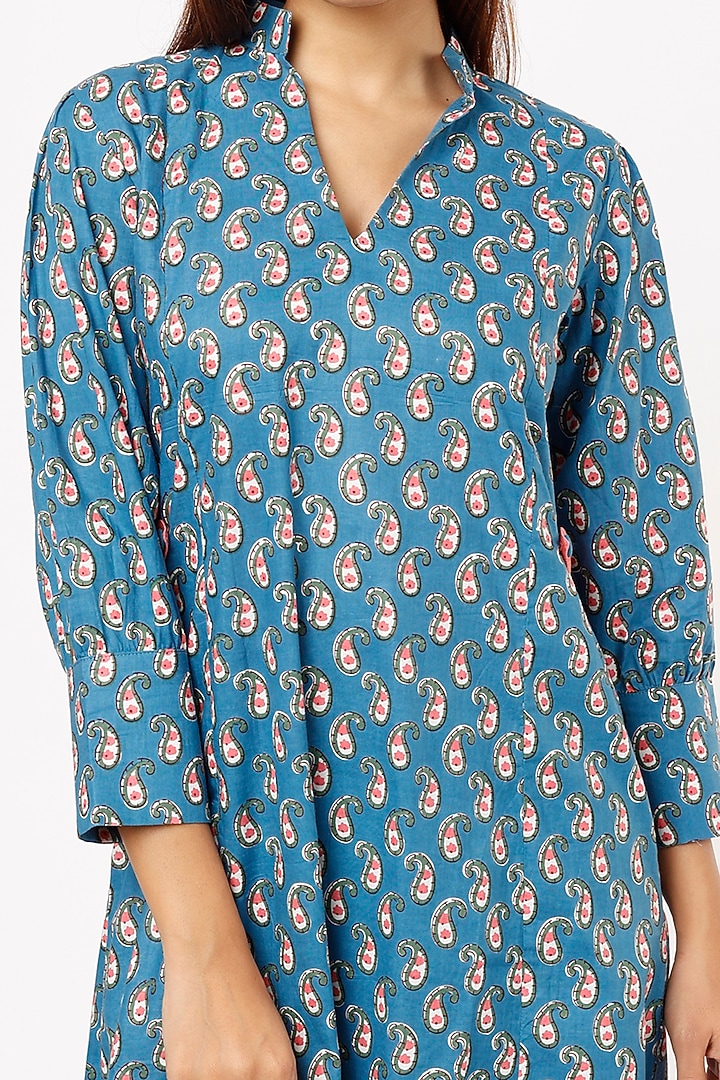 Blue Block Printed Midi Summer Dress by Label Pankhuri by Priyanka at Pernia's Pop Up Shop