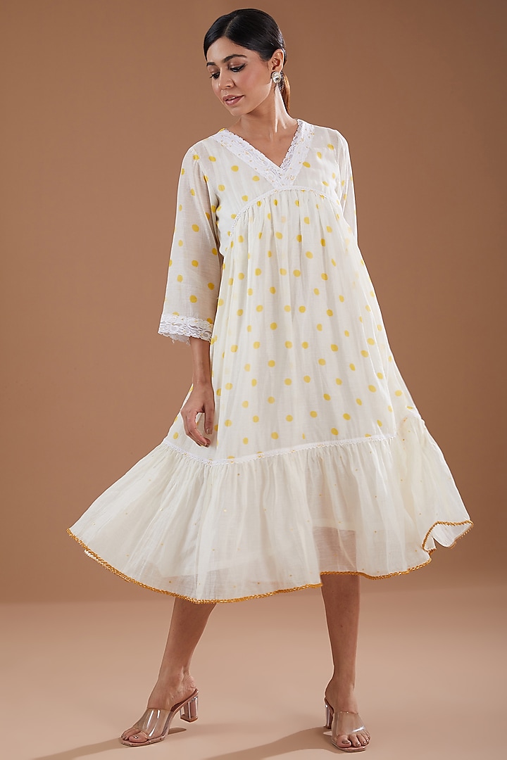 Off-White & Yellow Chanderi Hand-Block Printed Flared Dress by Label Pankhuri by Priyanka