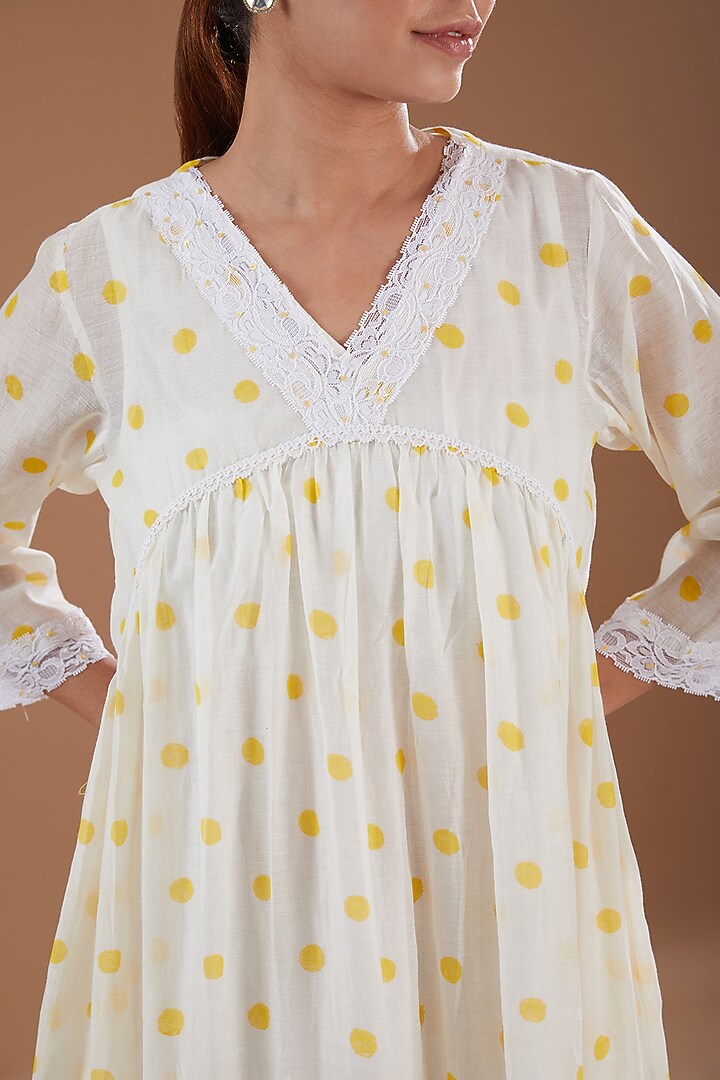 Off-White & Yellow Chanderi Hand-Block Printed Flared Summer Dress by Label Pankhuri by Priyanka at Pernia's Pop Up Shop