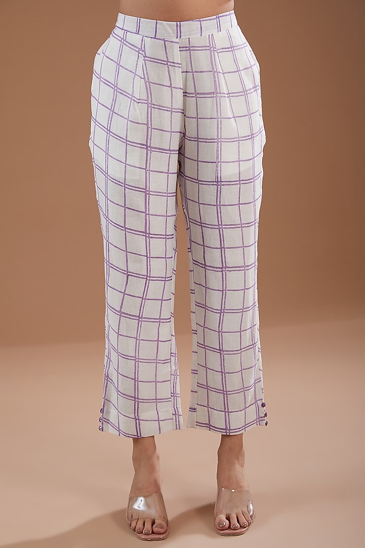 Mauve & Off-White Chanderi Hand-Block Printed Short Kurta Set by Label Pankhuri by Priyanka at Pernia's Pop Up Shop